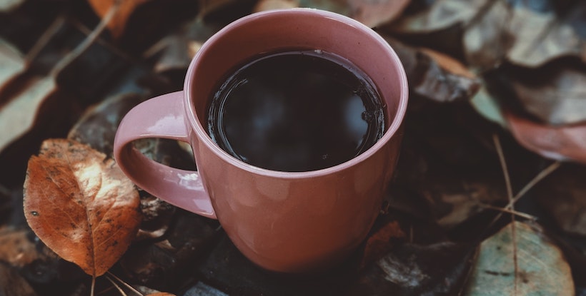 Pink ceramic mug in a pile of leaves