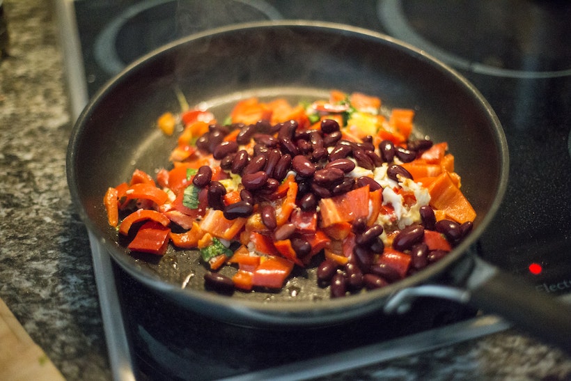 Beans on an induction range in a non-stick pan