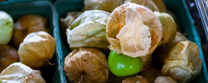 Market with tomatillos sorted in boxes